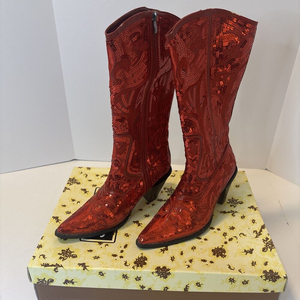 John Fashion Sequin Cowboy Boots Red Women’s Size 8